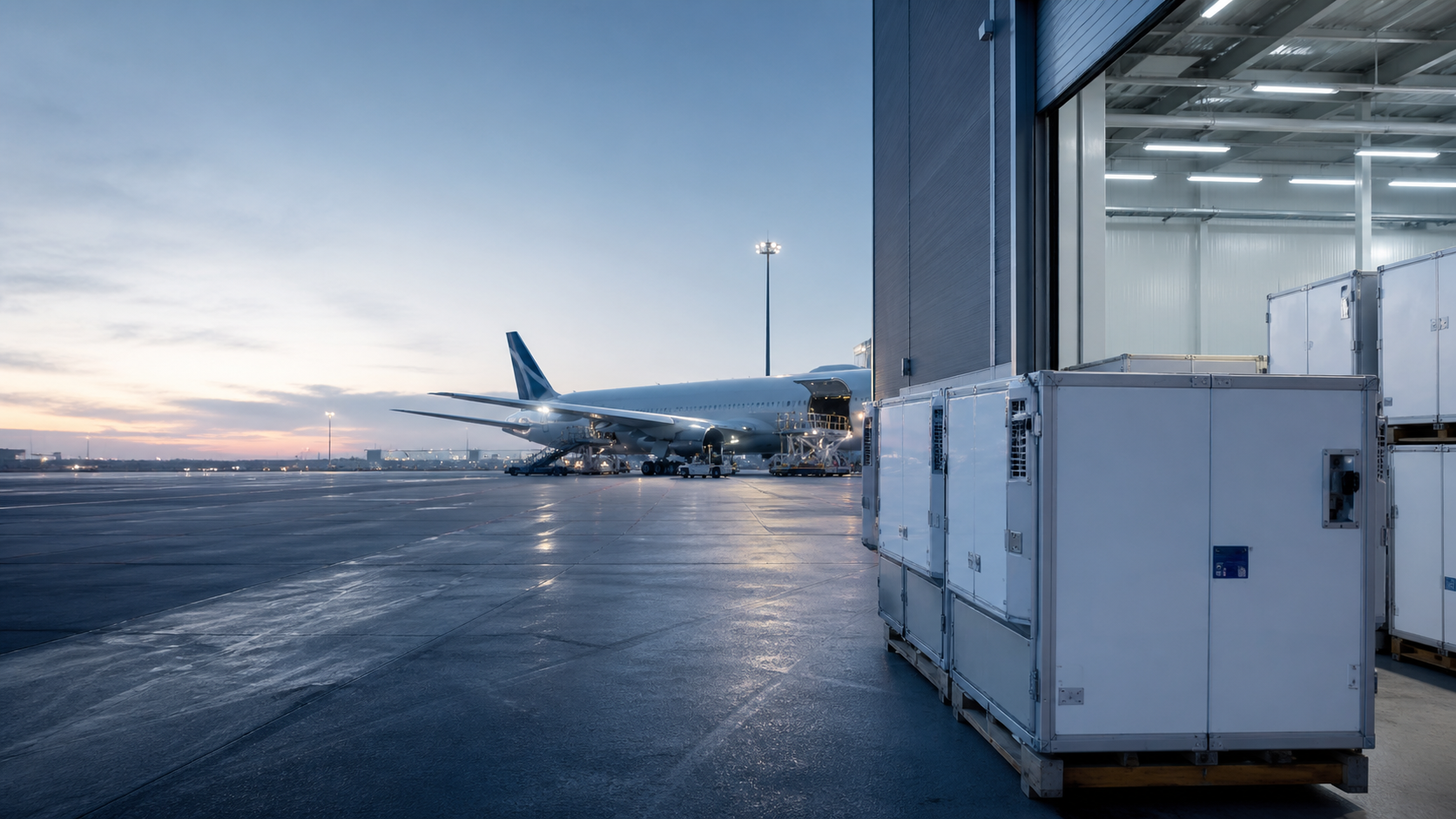 Temperature-controlled cargo being prepared beside an aircraft